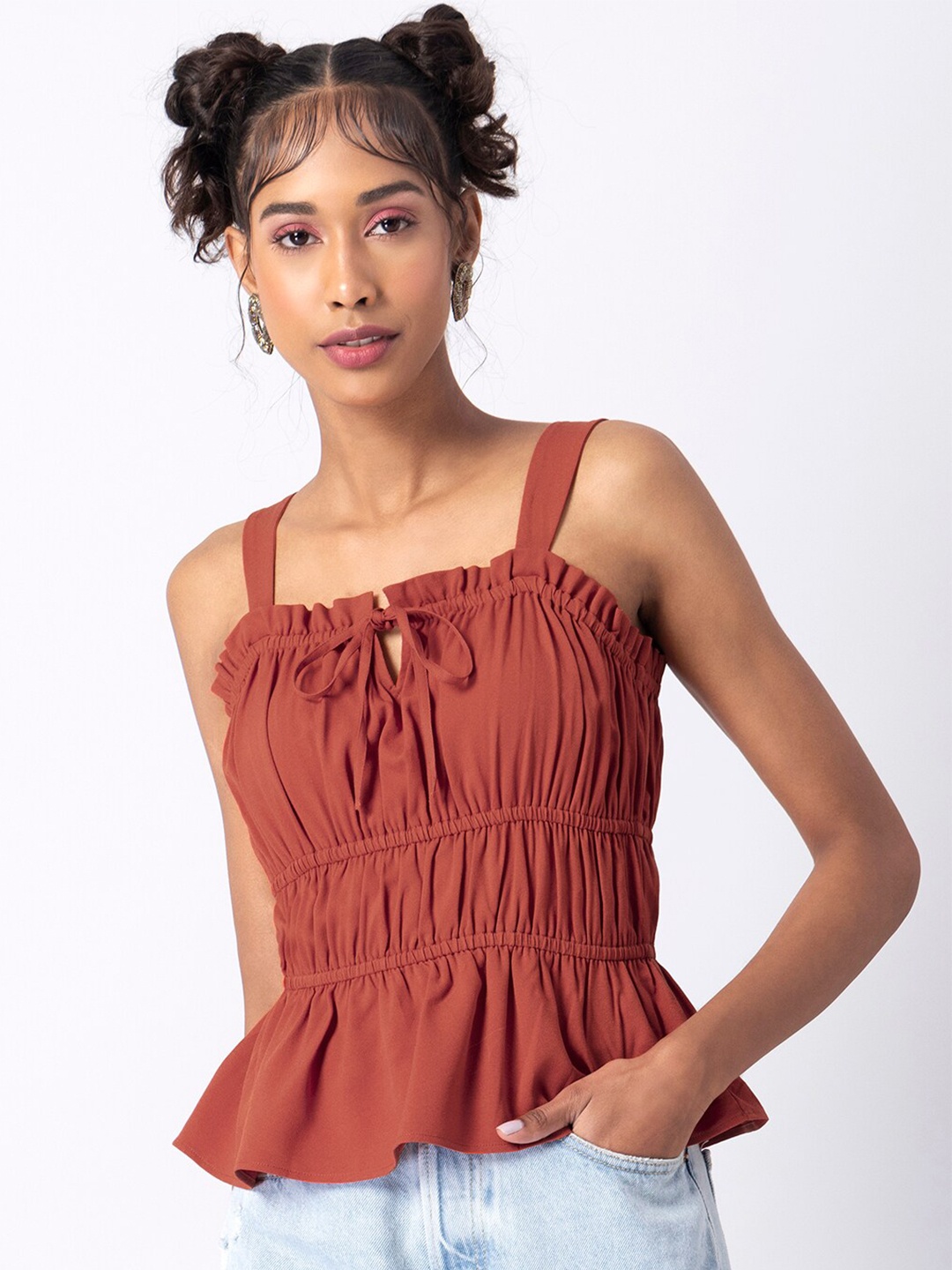 

FabAlley Rust Solid Crepe Peplum Top