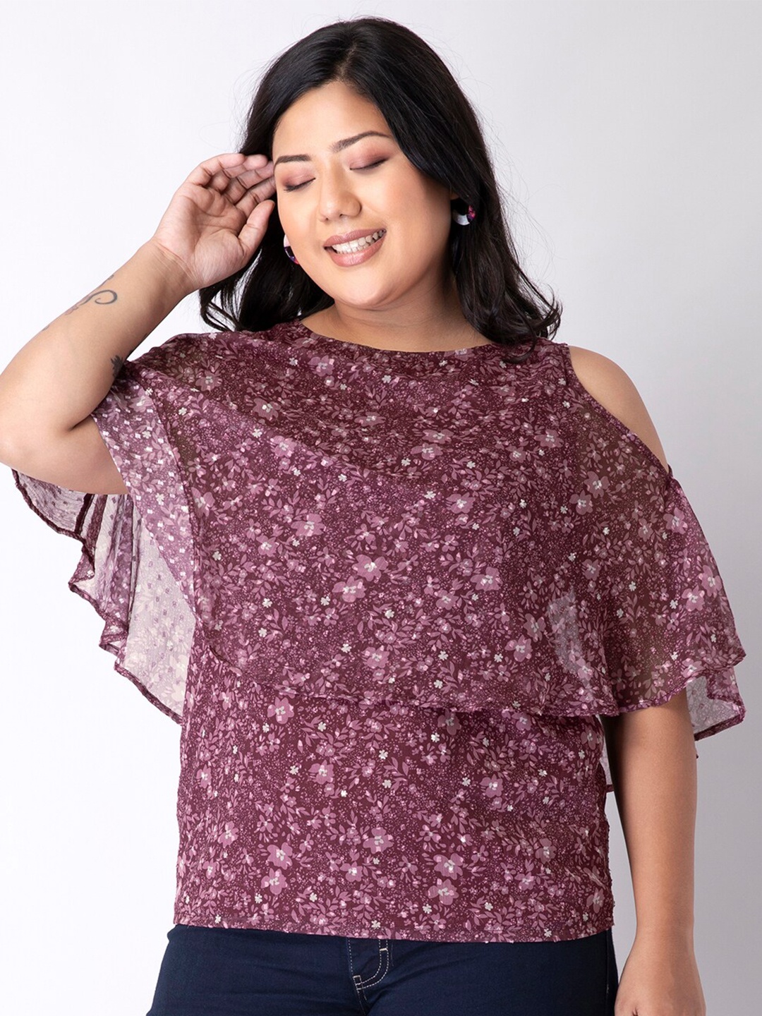

FabAlley Curve Women Maroon Floral Printed Georgette Top