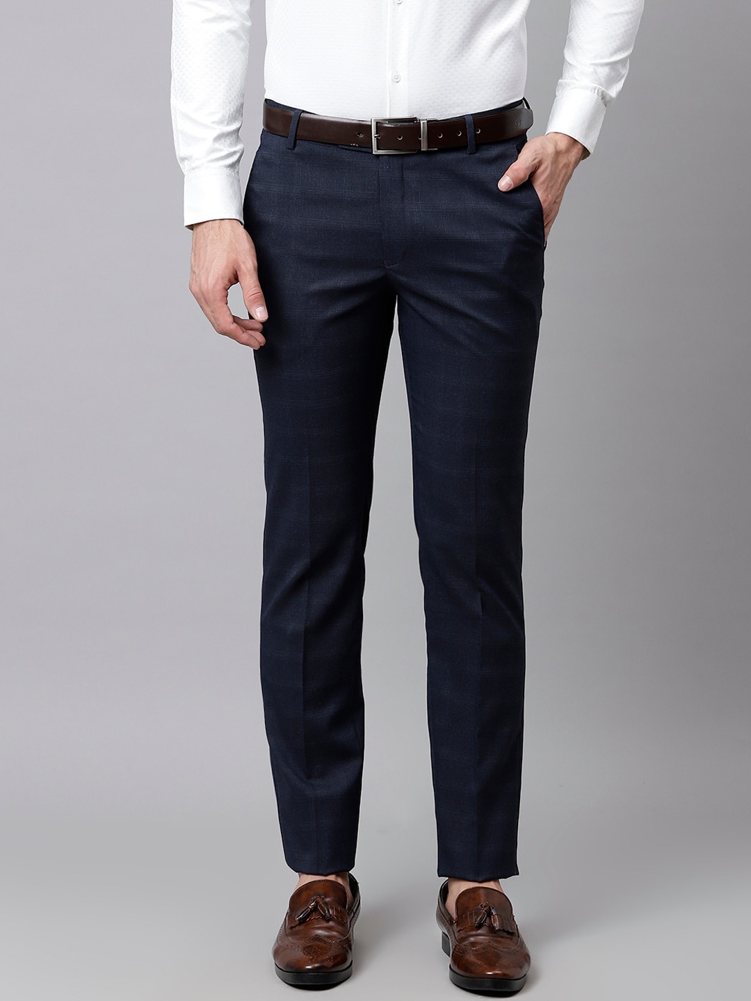 

Richlook Men Blue Checked Smart Easy Wash Formal Trousers