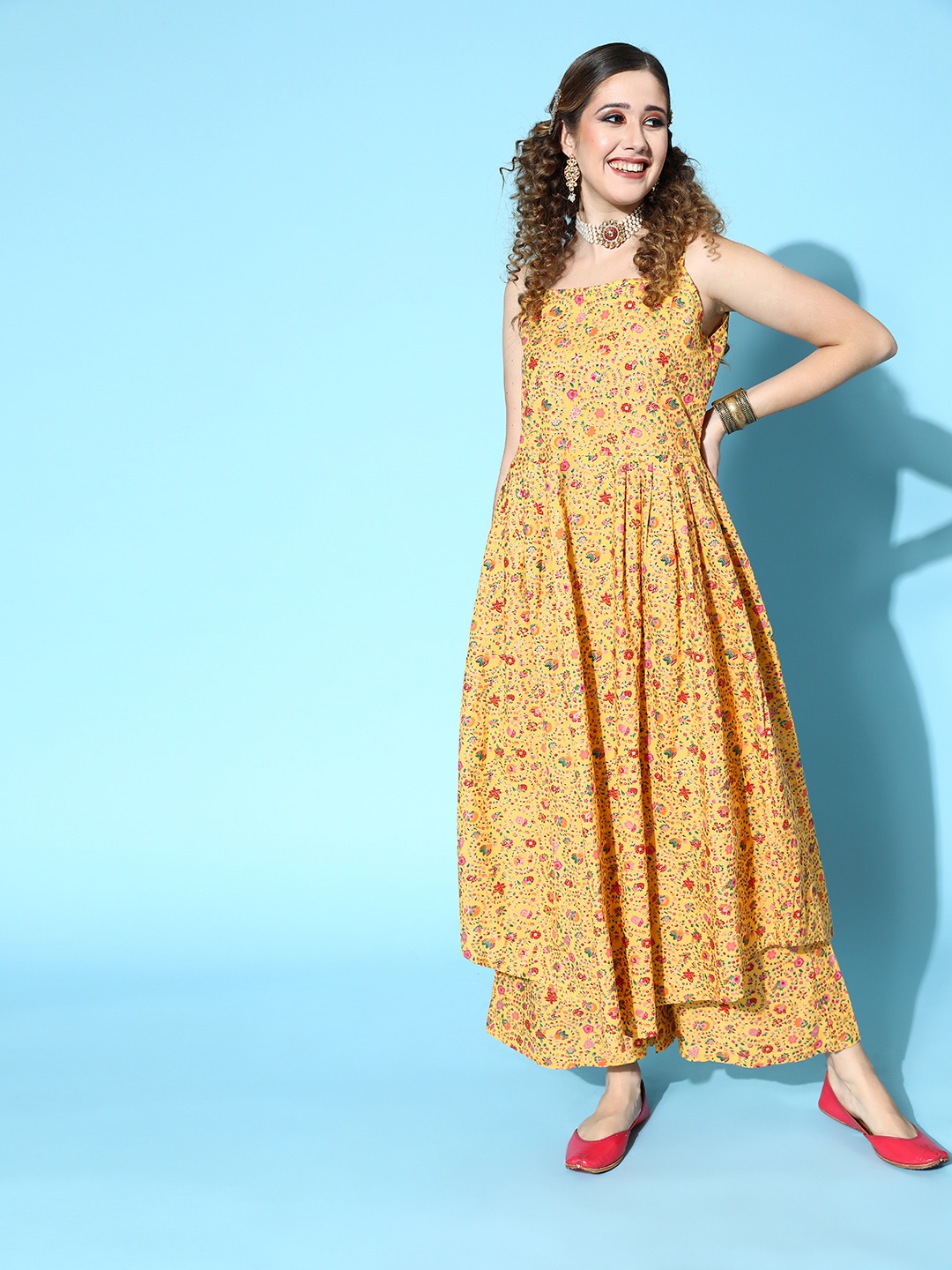

InWeave Women Yellow Viscose Rayon Print Parade Kurta Set
