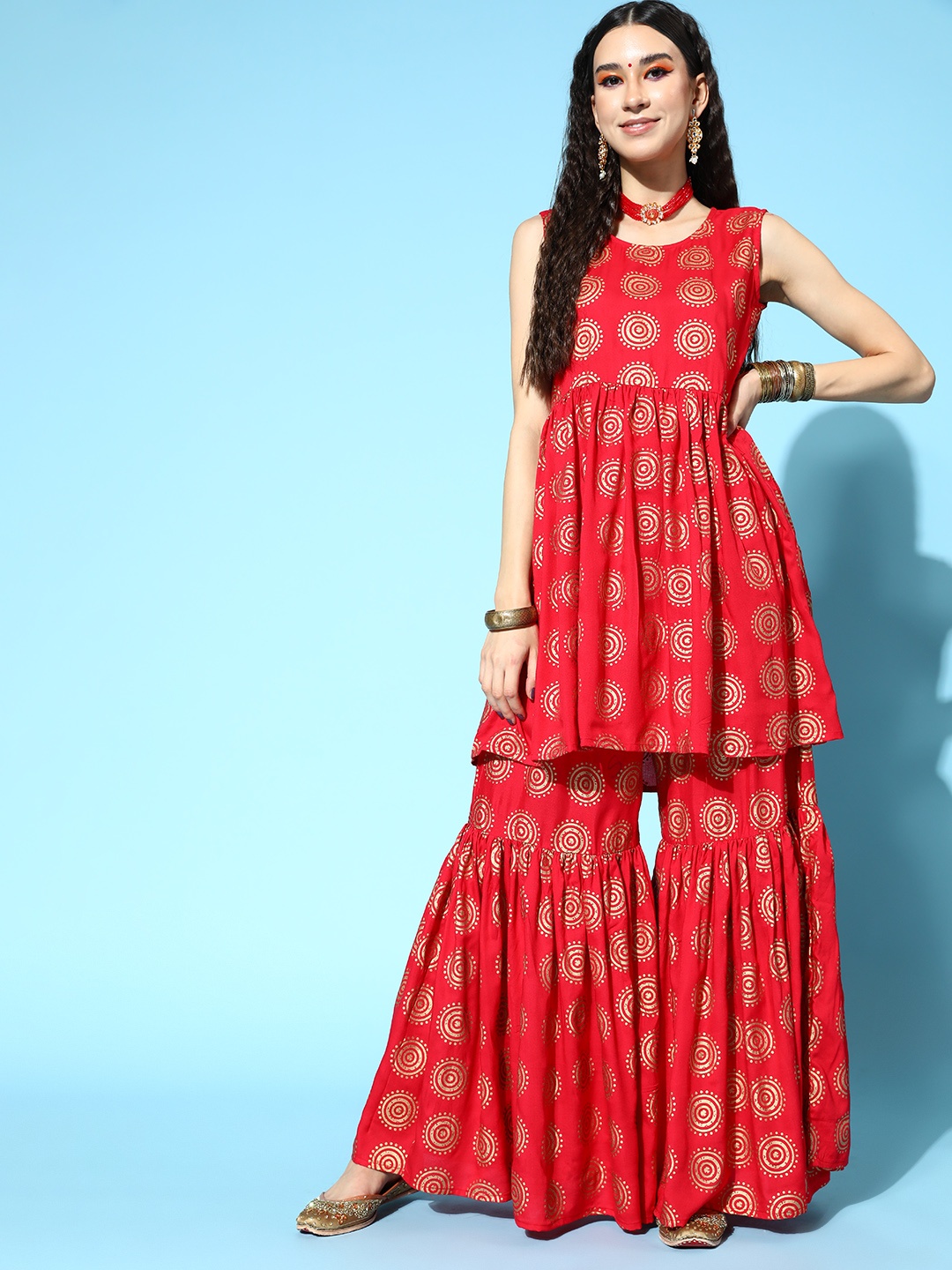

InWeave Women Red Viscose Rayon Print Parade Kurta Set