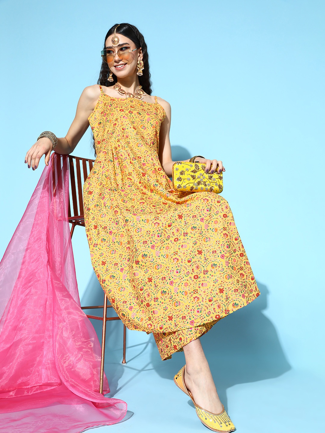 

InWeave Women Yellow Viscose Rayon Print Parade Kurta Set
