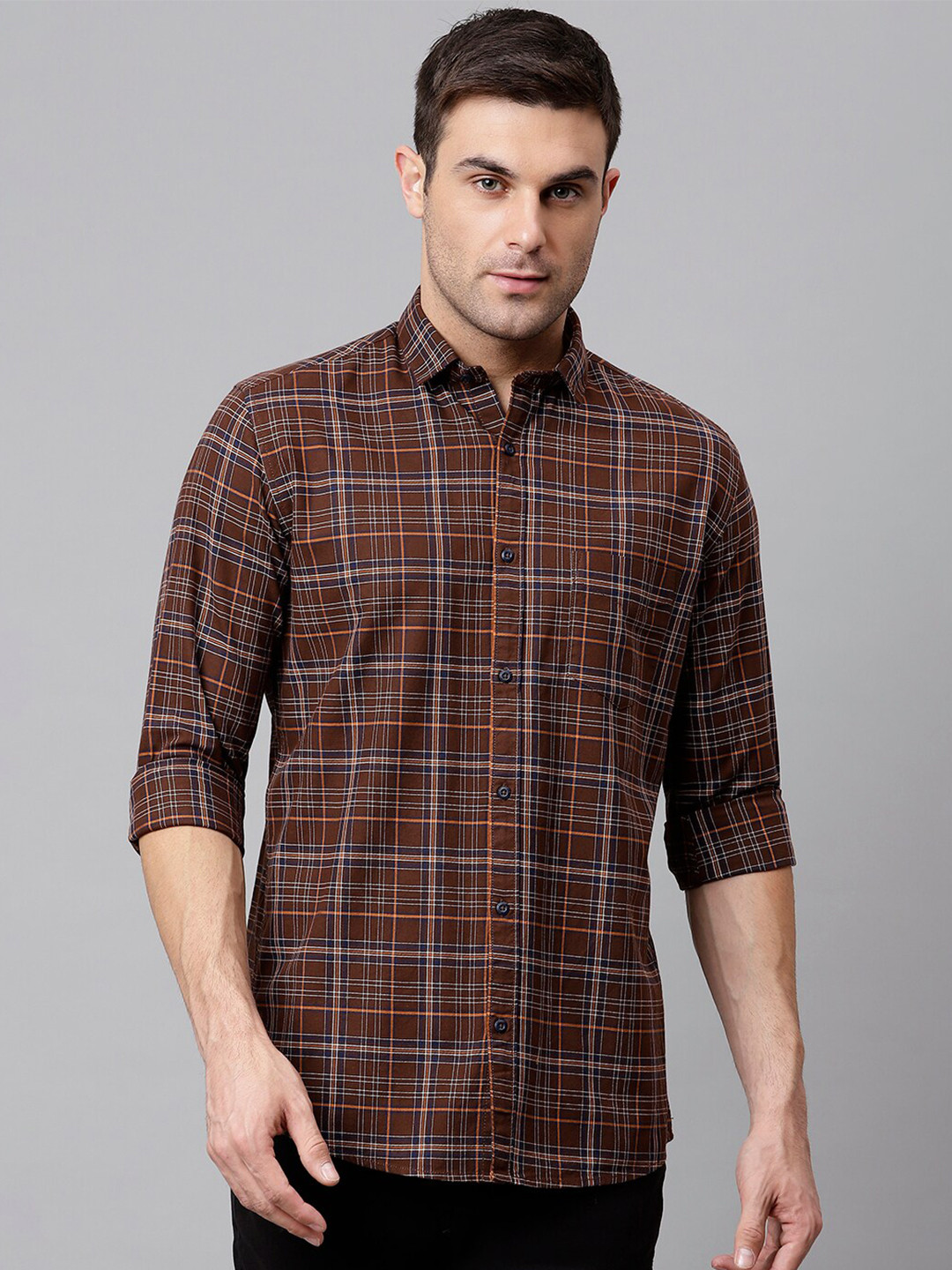 

Richlook Men Brown Slim Fit Tartan Checked Cotton Casual Shirt