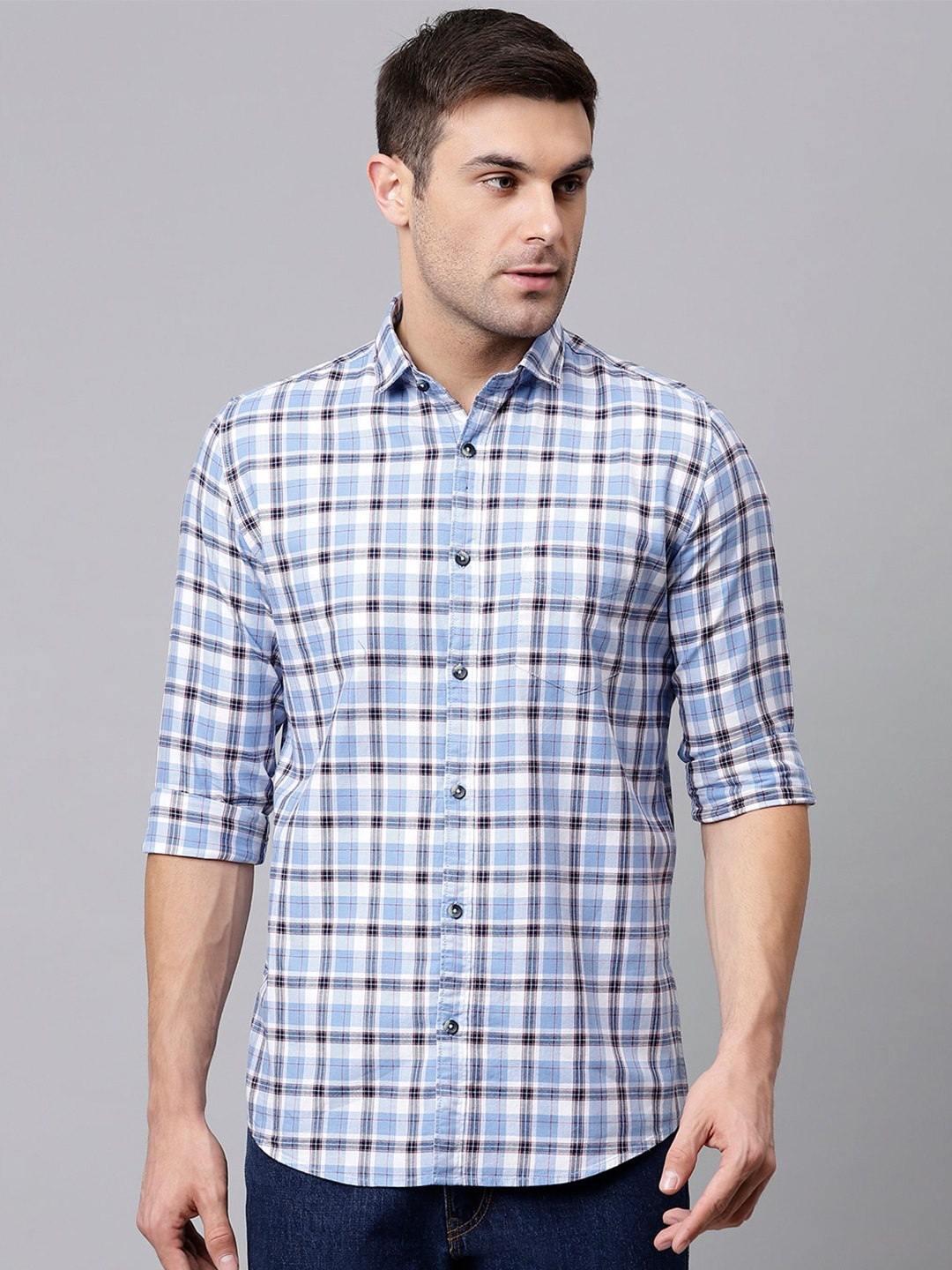 

Richlook Men Blue & Grey Slim Fit Tartan Checked Cotton Casual Shirt