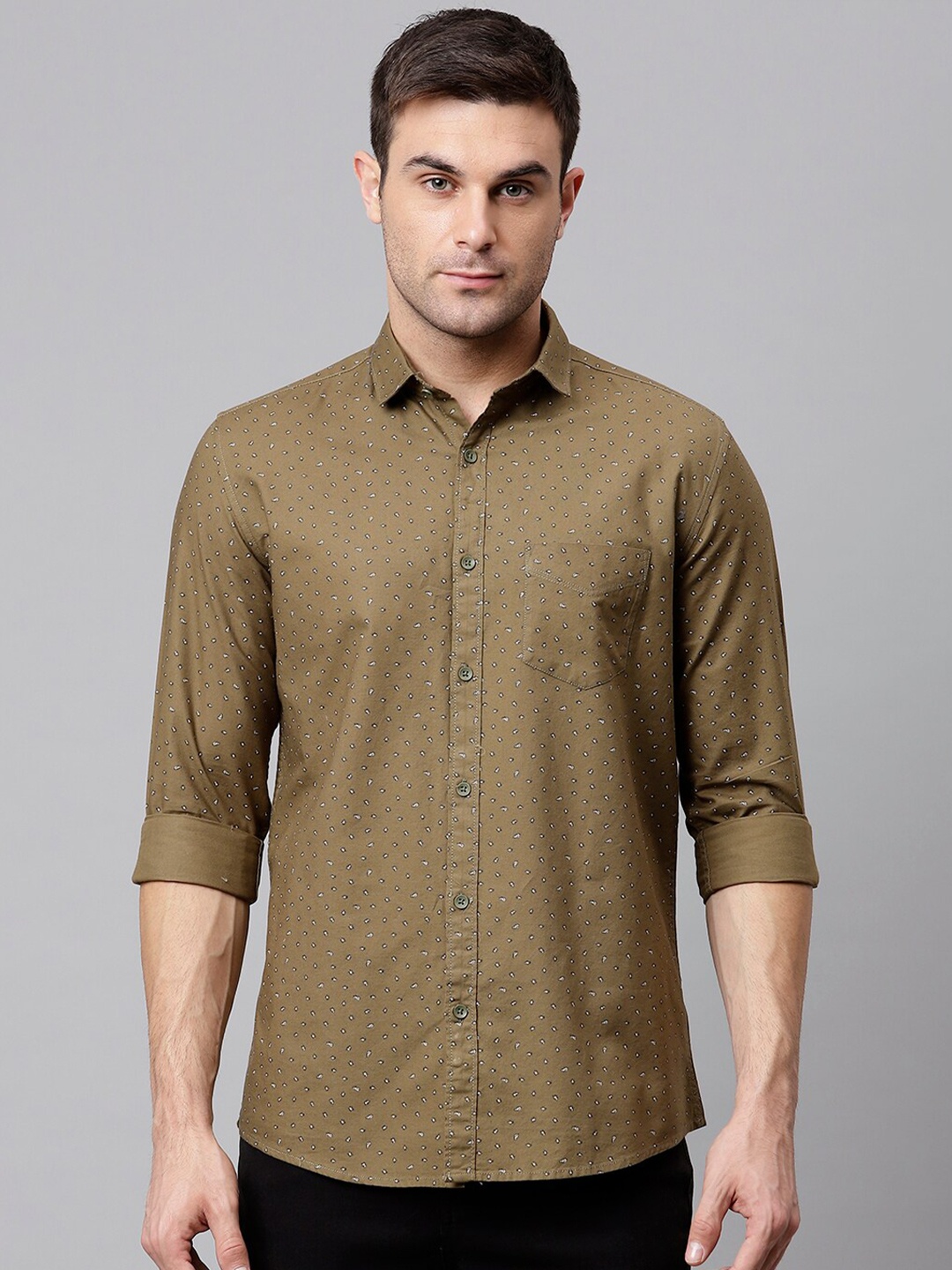 

Richlook Men Olive Green Slim Fit Micro Ditsy Printed Pure Cotton Casual Shirt
