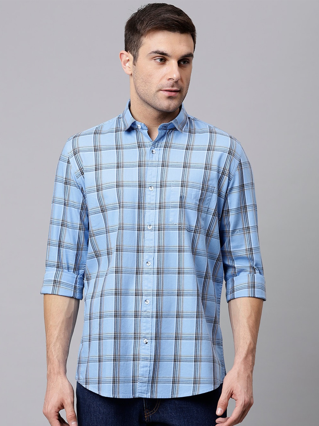 

Richlook Men Blue Slim Fit Tartan Checks Checked Pure Cotton Casual Shirt