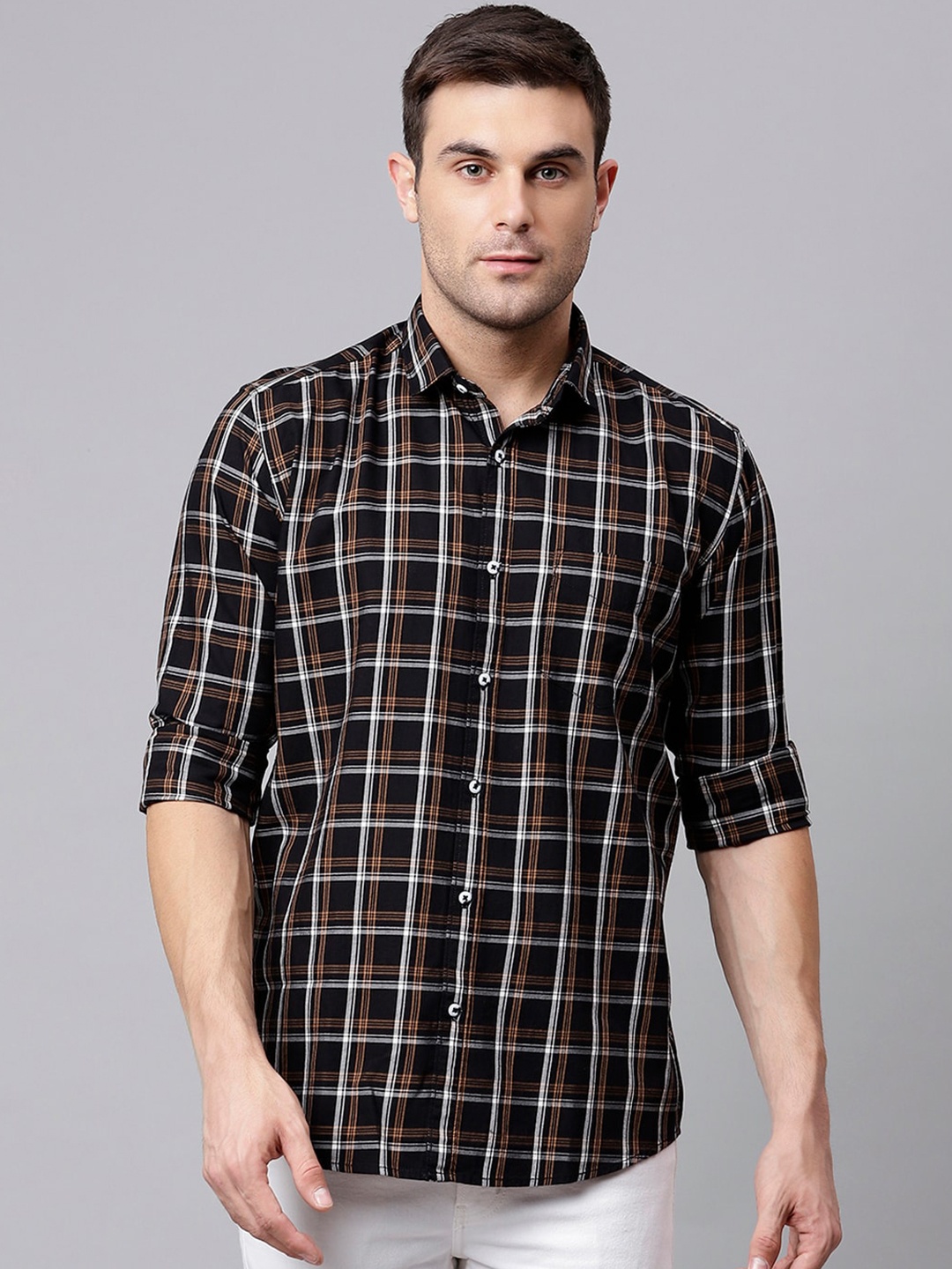 

Richlook Men Black Slim Fit Tartan Checked Cotton Casual Shirt