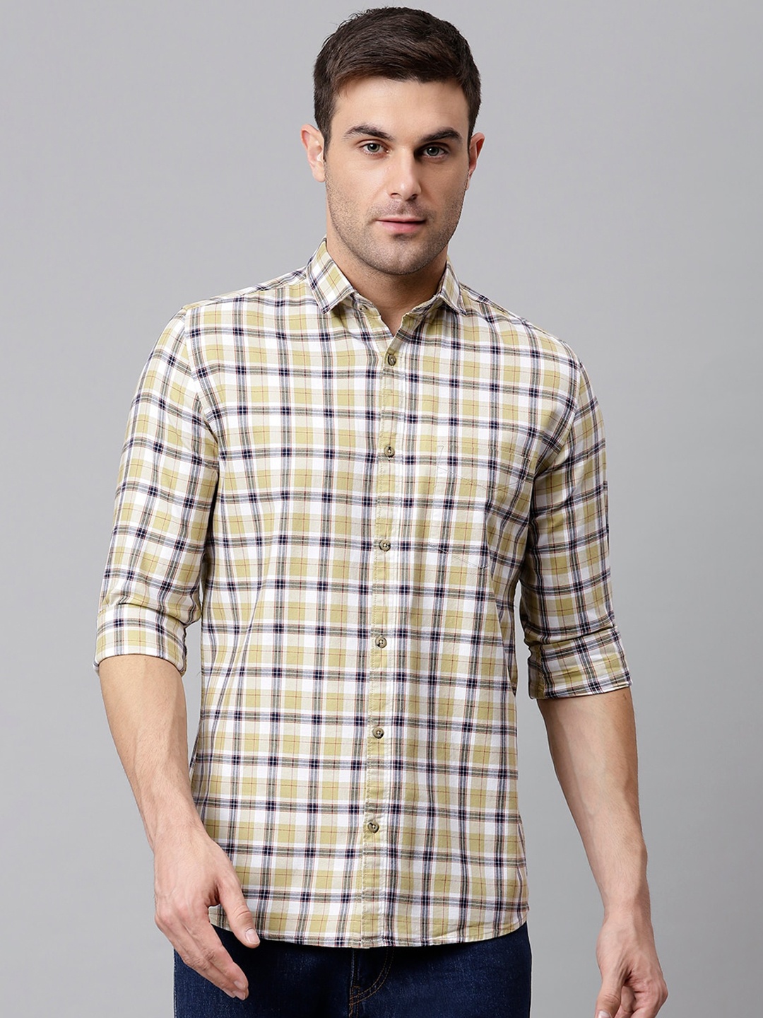 

Richlook Men Beige & White Slim Fit Tartan Checked Pure Cotton Casual Shirt