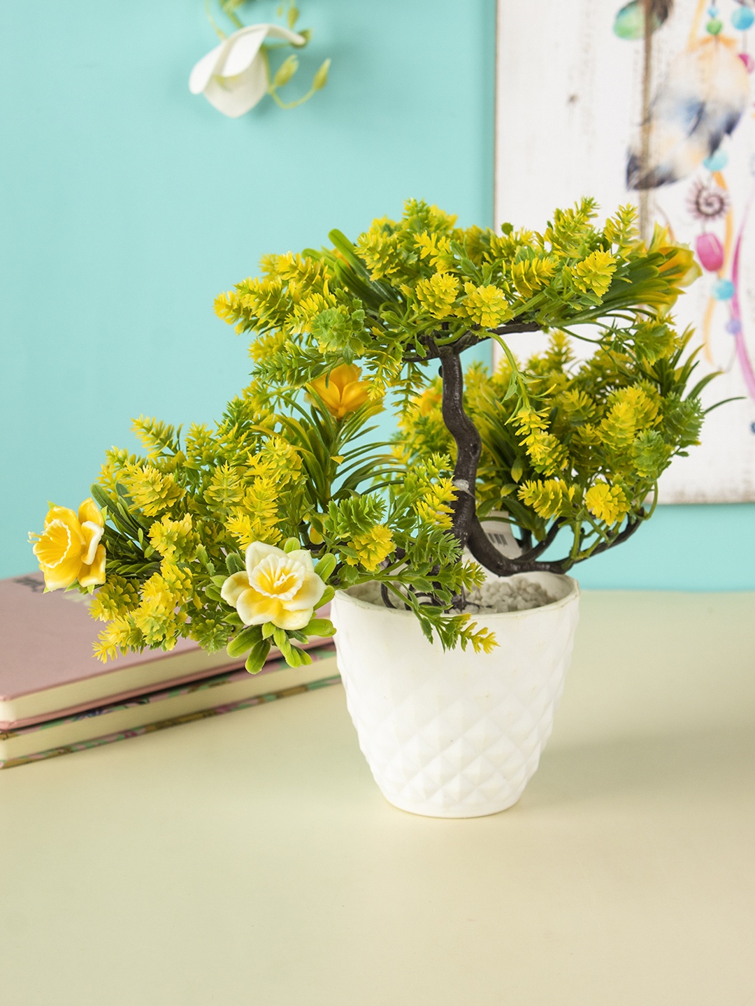

MARKET99 Yellow & Green Artificial Rose Bonsai with White Pot
