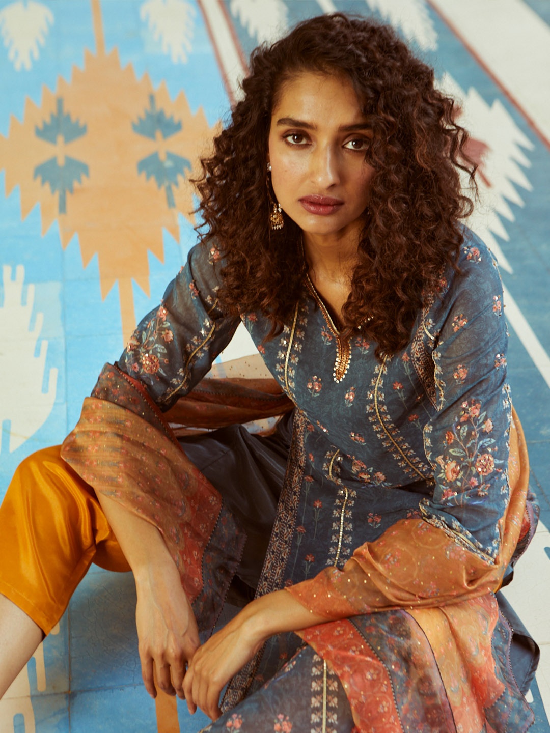 

WISHFUL Women Teal Ethnic Motifs Printed Zardozi Kurta with Palazzos & With Dupatta