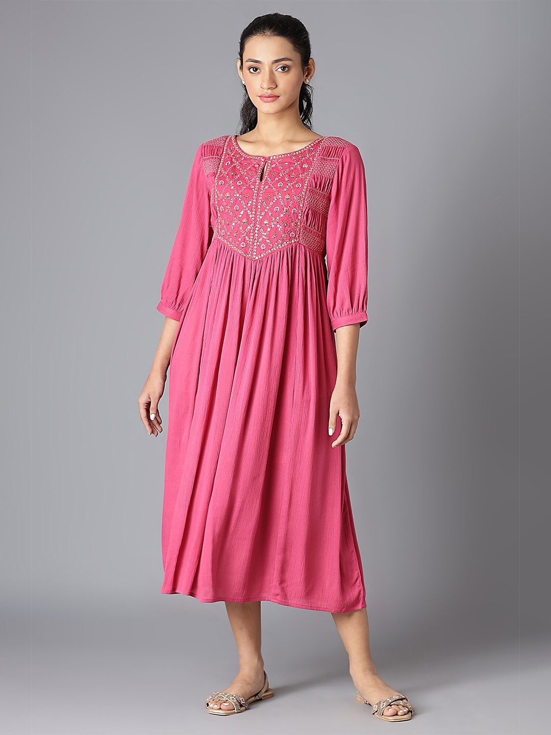 

W Women Pink Embellished Keyhole Neck Ethnic A-Line Midi Dress