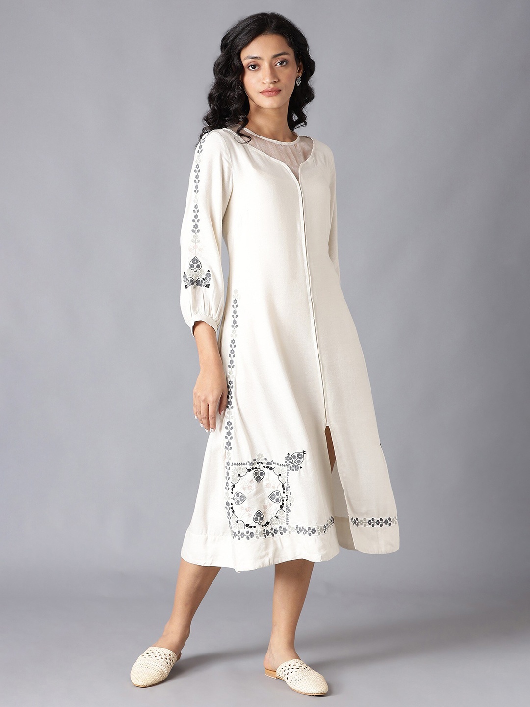 

W Women White Floral Printed A-Line Midi Dress