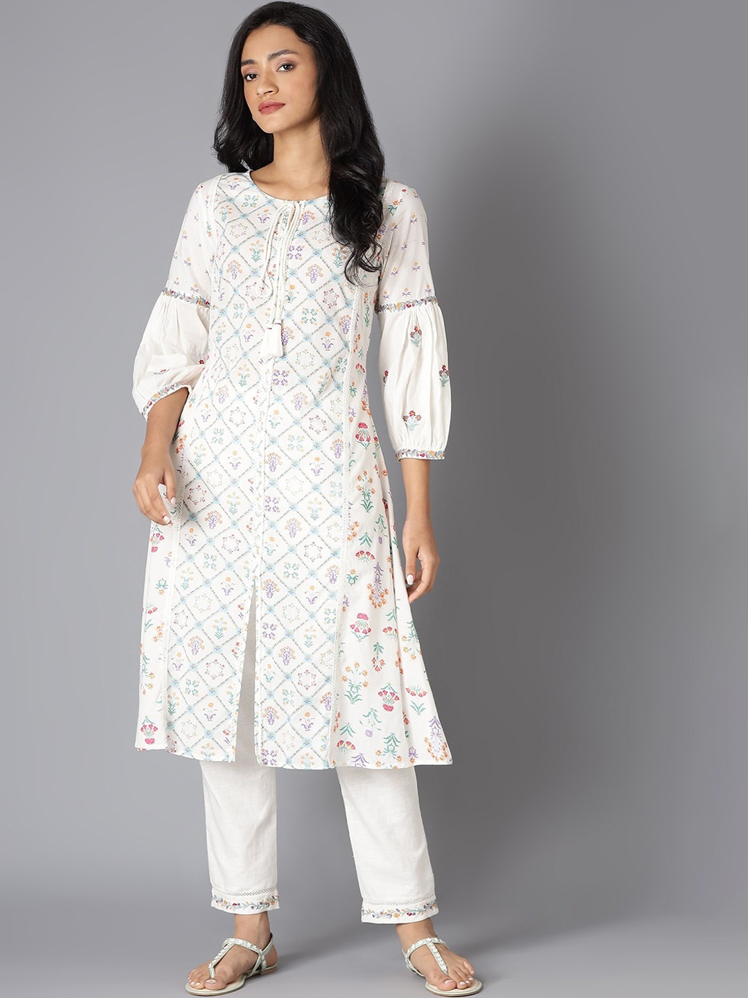 

W Women White Panelled Thread Work Pure Cotton Kurta with Trousers