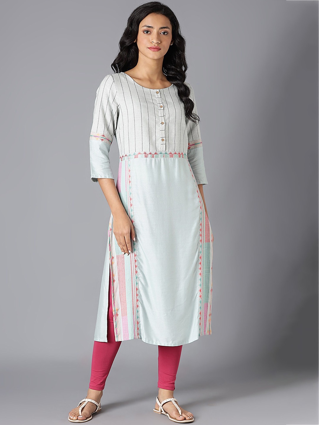 

W Geometric Print Cotton Blend Straight Kurta, Blue