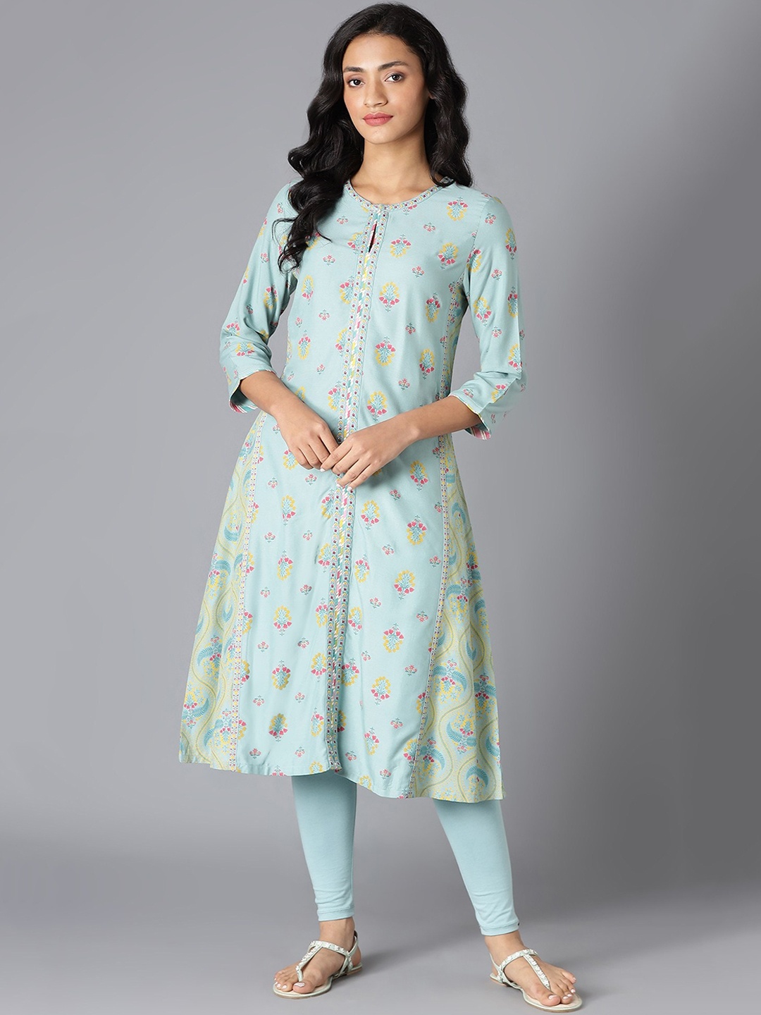 

W Women Blue Floral Printed Keyhole Neck Extended Sleeves Kurta