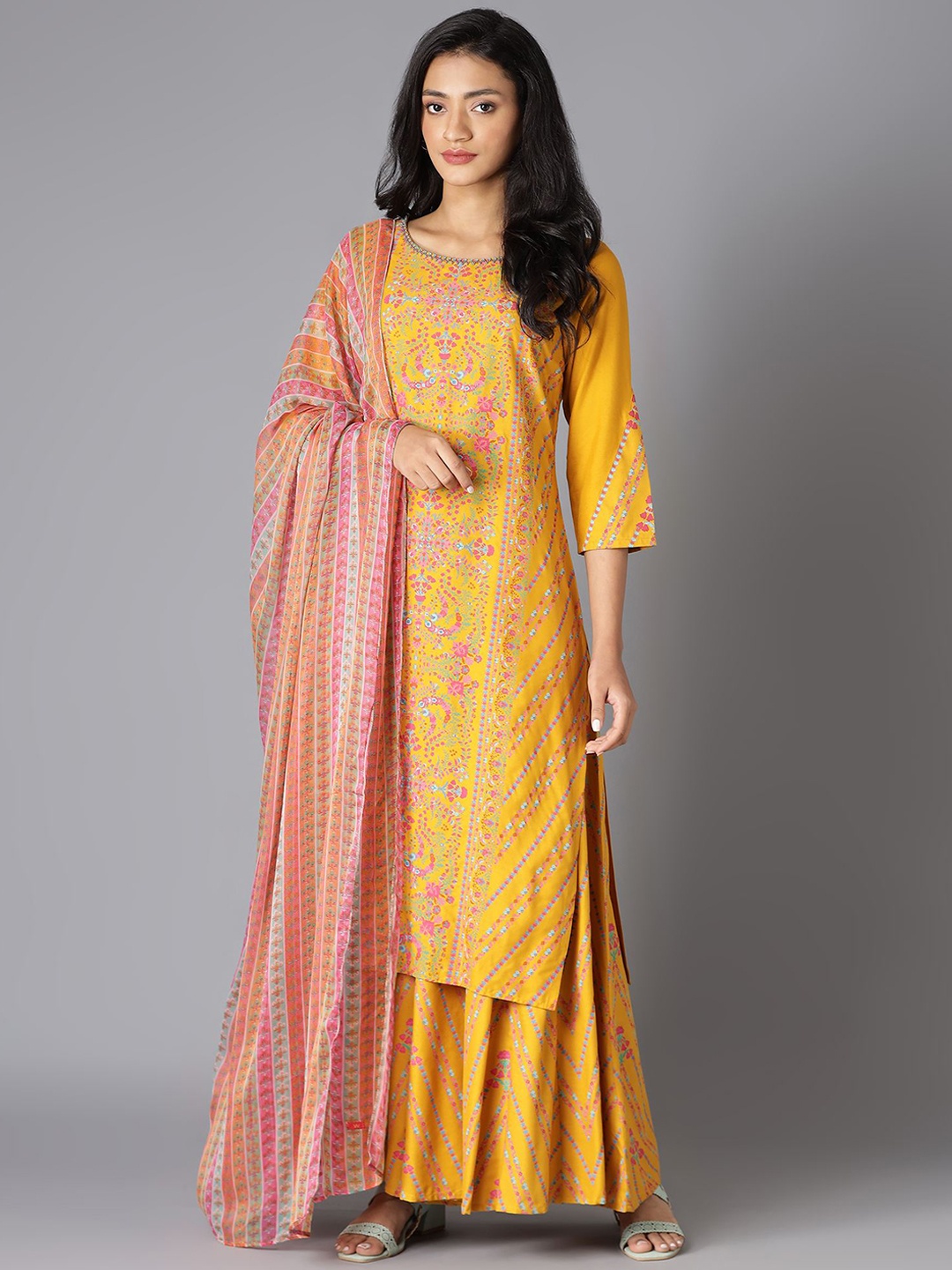 

W Women Yellow Ethnic Motifs Embroidered Beads and Stones Kurta with Skirt & With Dupatta