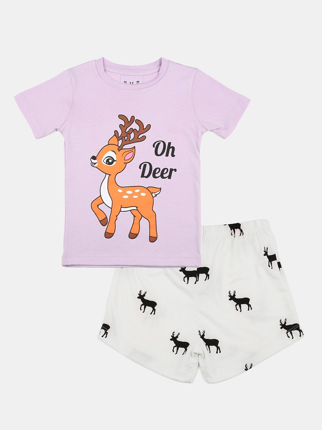 

Wyld Sprog Girls Purple & White Printed Pure Cotton T-shirt with Shorts