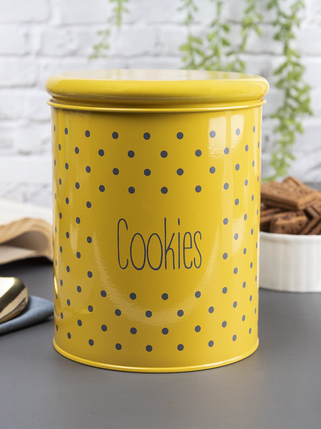 

MARKET99 Mustard Yellow & Grey Micro Dot Print Cookie Canister Jar 1.7 L