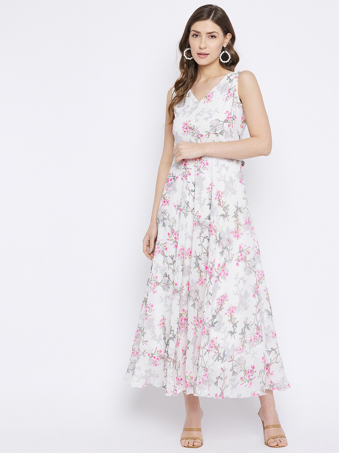 

HELLO DESIGN White & Pink Floral Georgette Maxi Dress