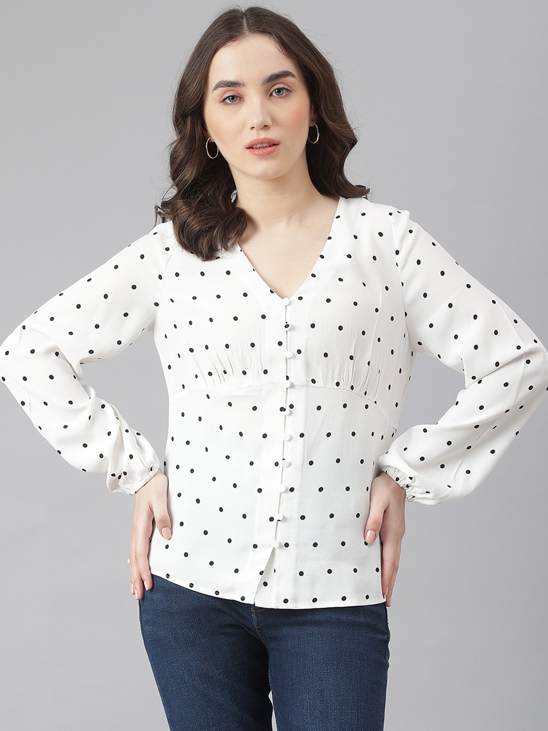 

Marks & Spencer Women Off White & Black Polka Dots Print Top
