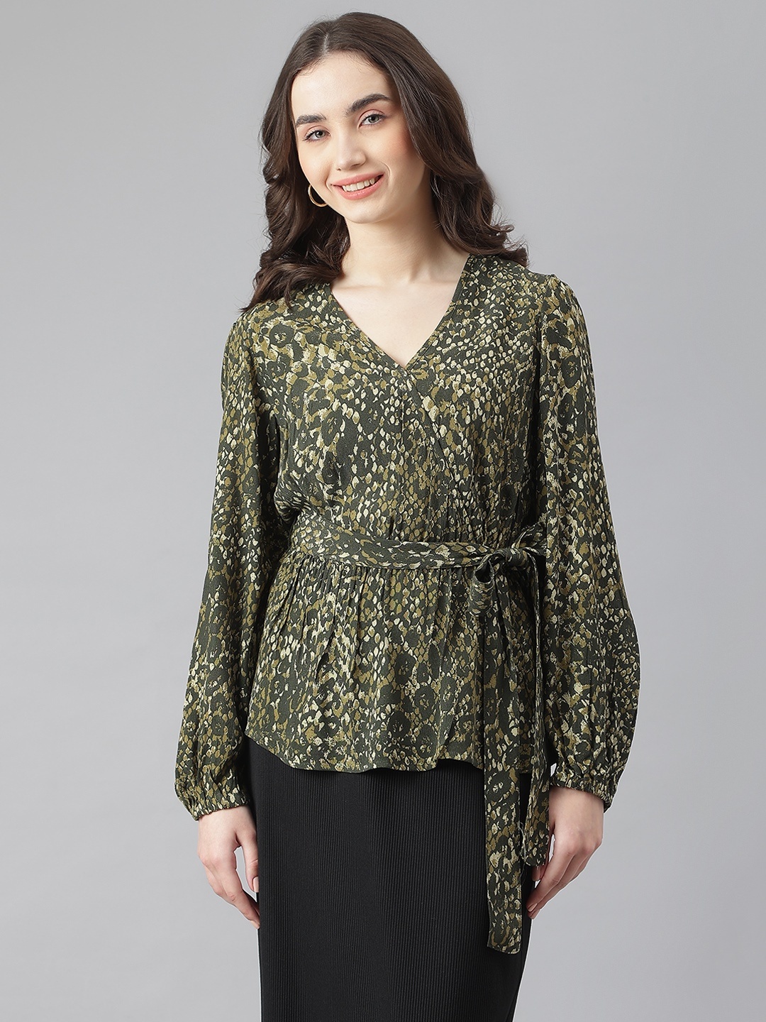 

Marks & Spencer Women Green & Beige Animal Print Top