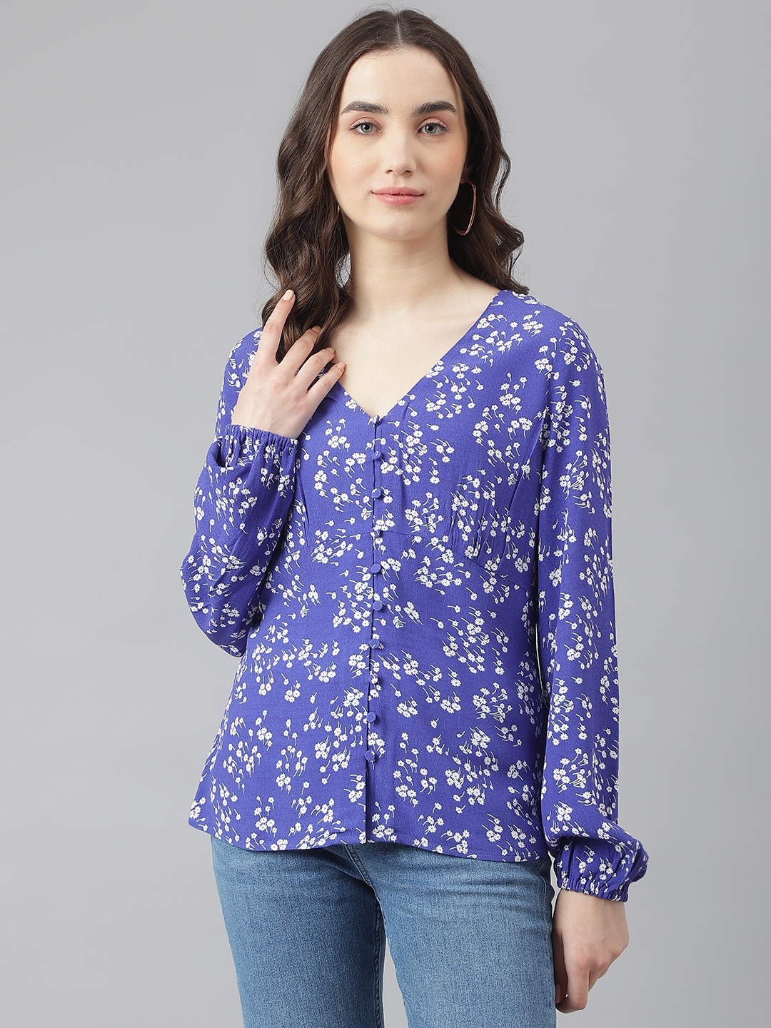 

Marks & Spencer Women Blue & White Floral Print Top