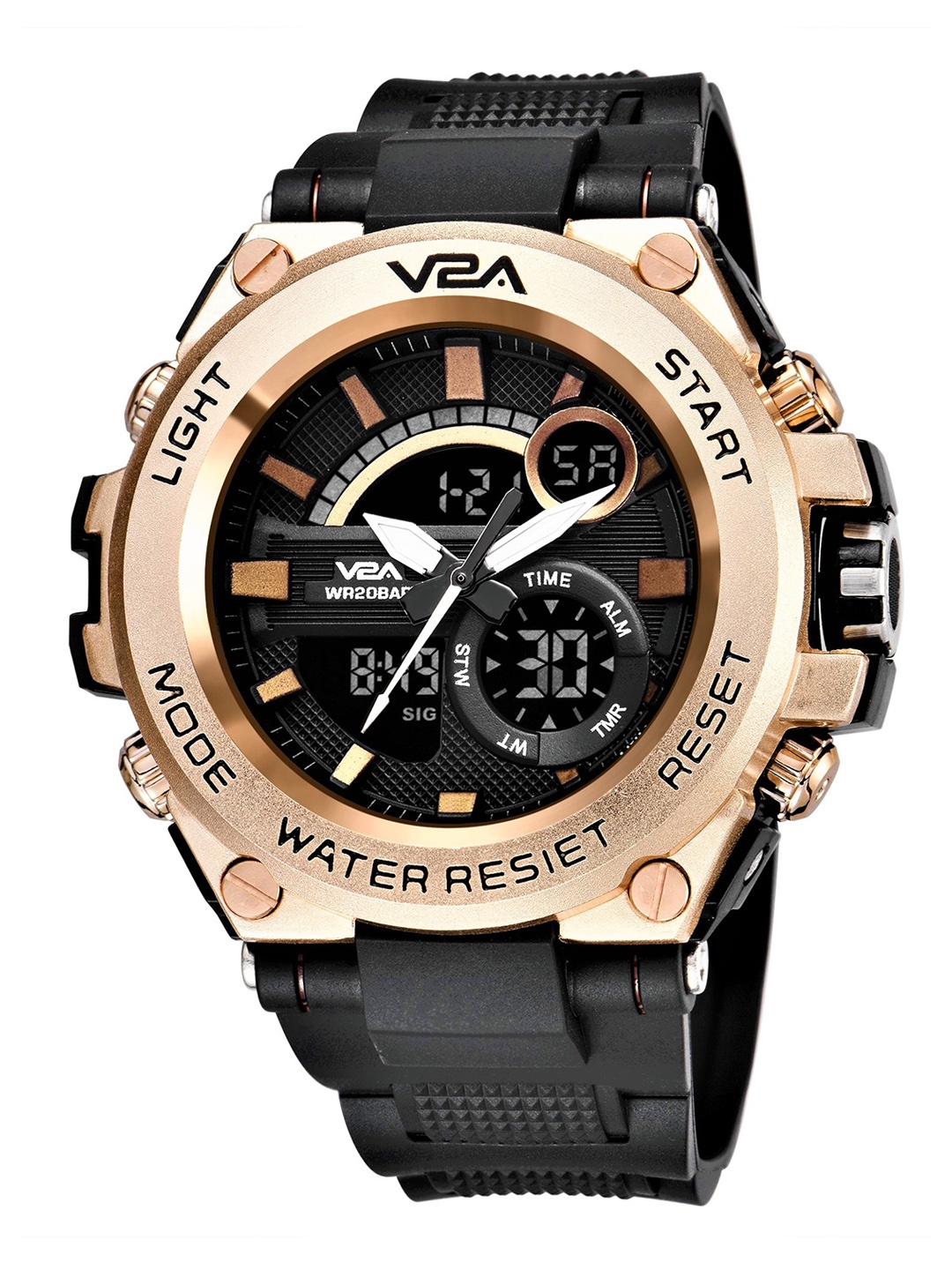 

V2A Men Rose Gold-Toned Patterned Dial & Black Textured Straps Analogue Multi Function Watch