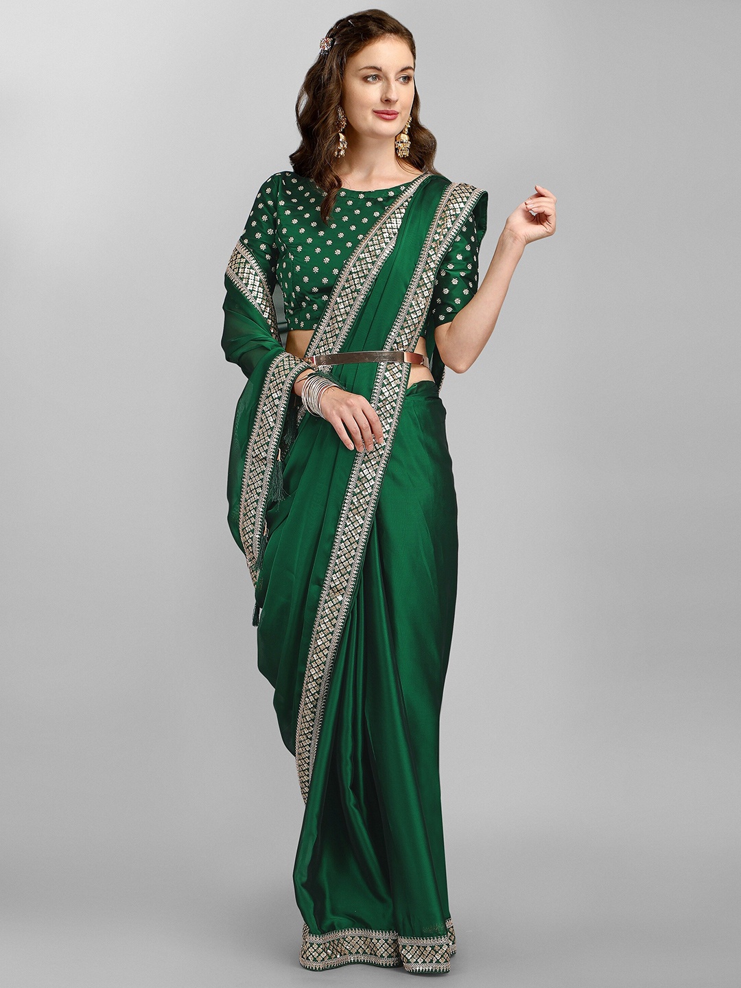 

Iris Green Sequinned Silk Blend Saree