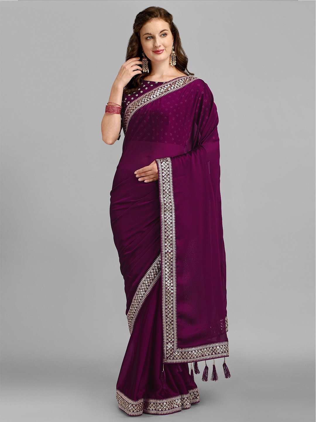 

Iris Purple Sequinned Silk Blend Saree