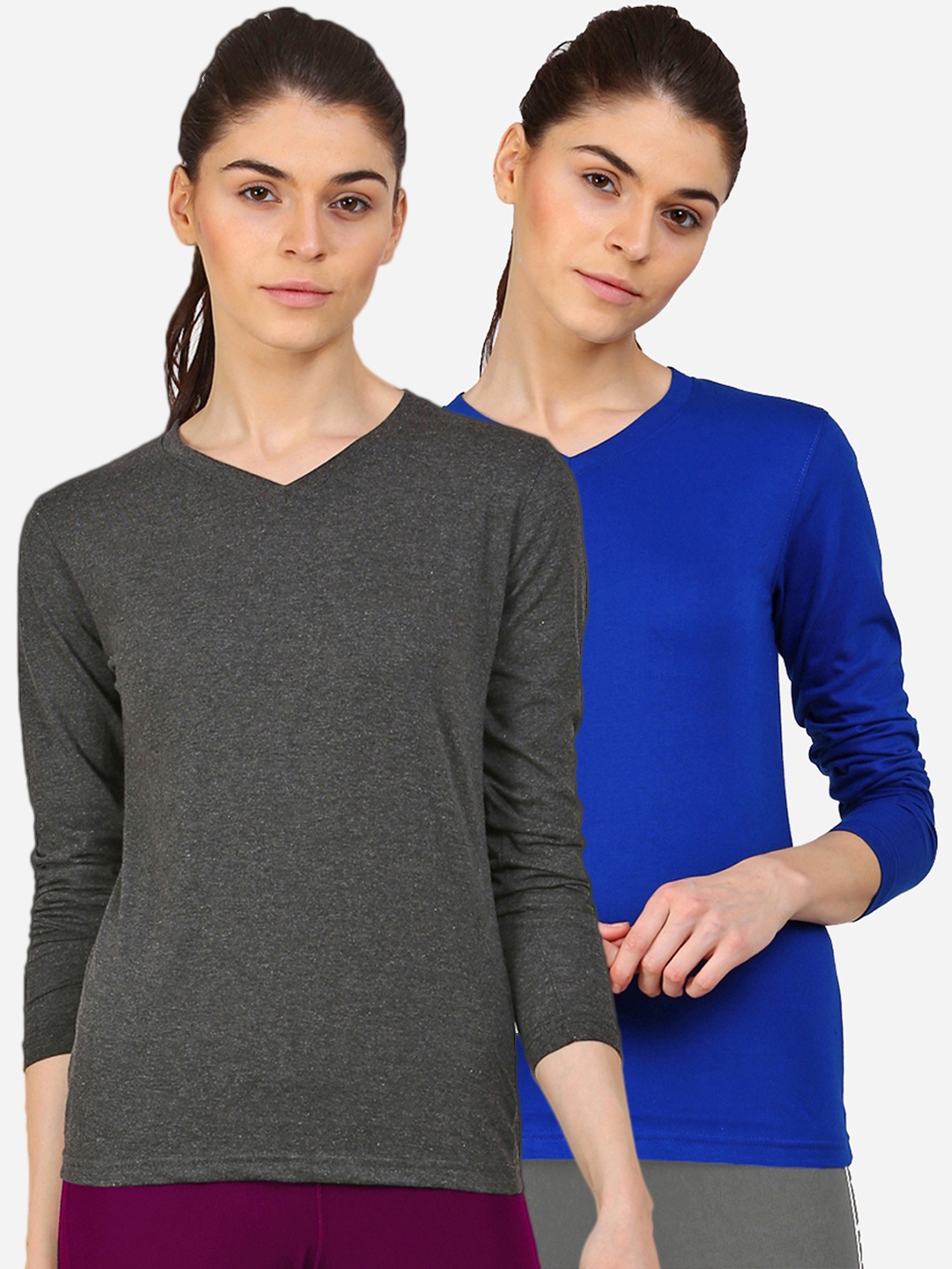 

appulse Women Pack Of 2 Grey & Blue V-Neck Slim Fit Running T-shirt