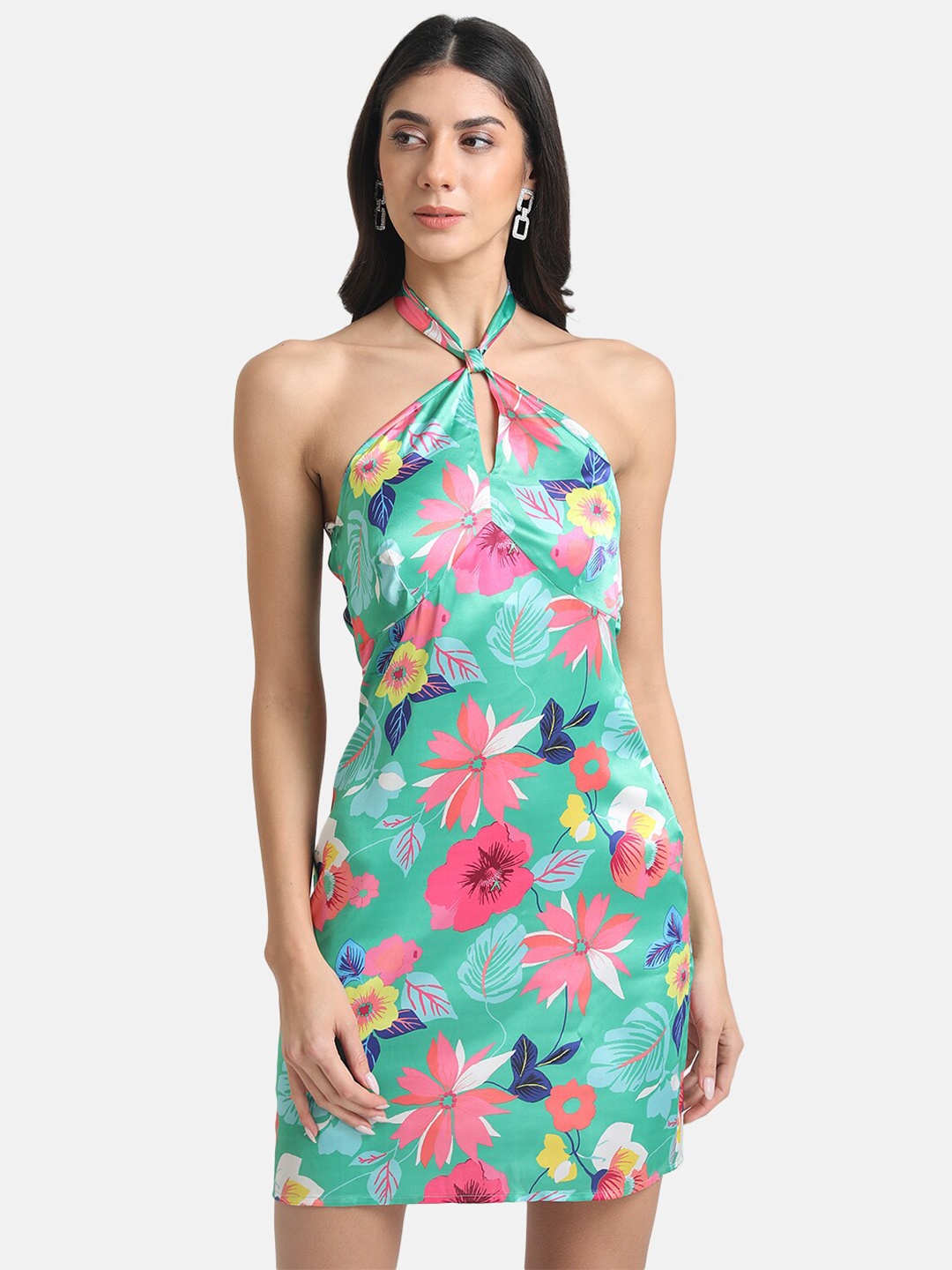 

Kazo Green Floral Halter Neck Satin Sheath Dress