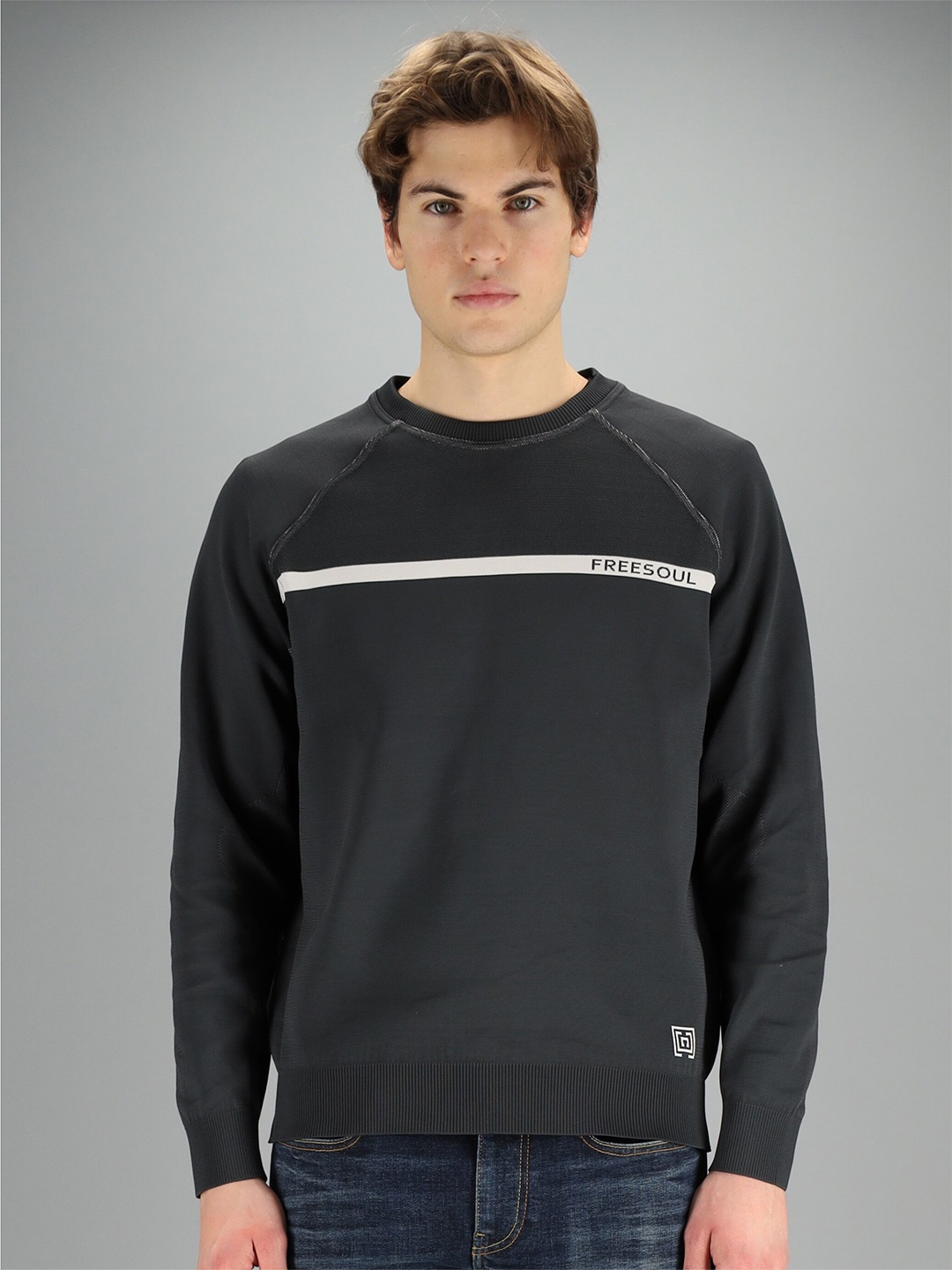 

FREESOUL Men Charcoal Grey Solid Sweatshirt
