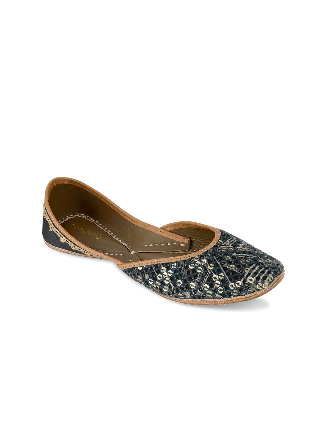 

Coral Haze Women Navy Blue & Gold Embellished Mojaris Flats