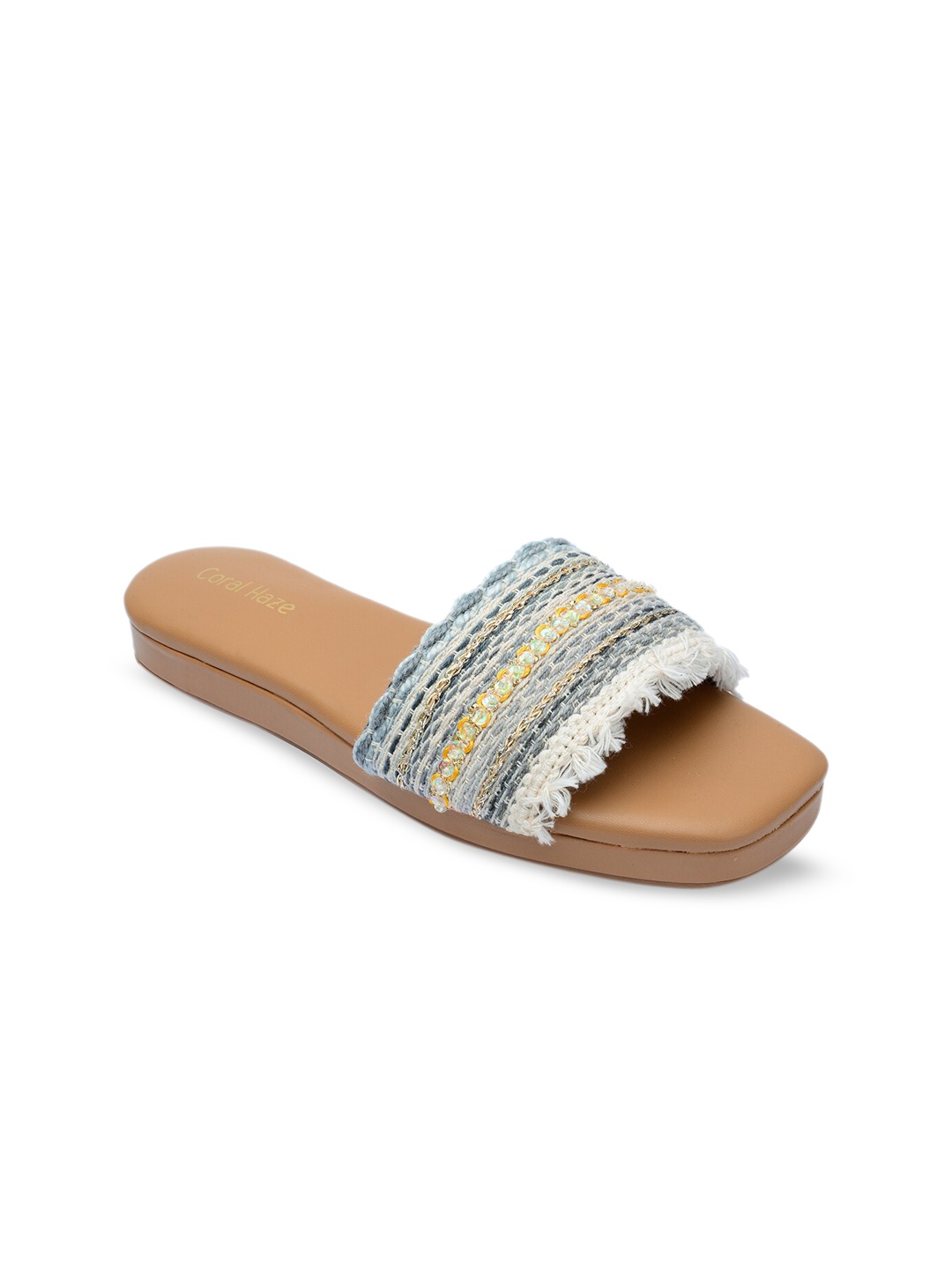 

Coral Haze Women Blue & White Woven Design Fringed Sequinned Open Toe Flats