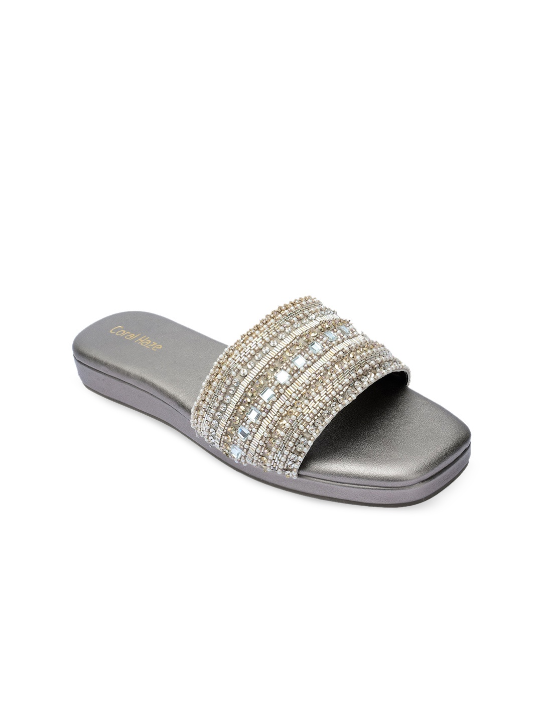 

Coral Haze Women Gold-Toned Embellished Open Toe Flats