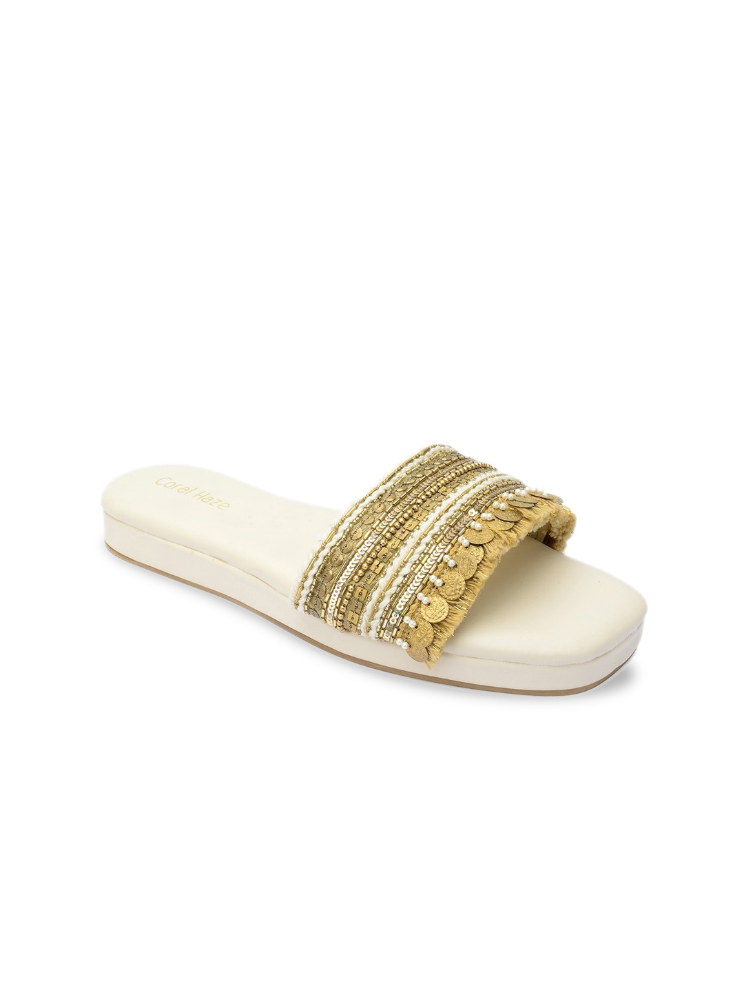 

Coral Haze Women Gold-Toned Embellished Open Toe Flats