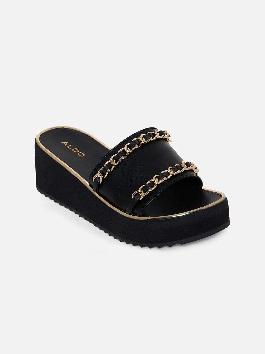 

ALDO Black & Gold-Toned Solid Chainlink Embellished Wedges