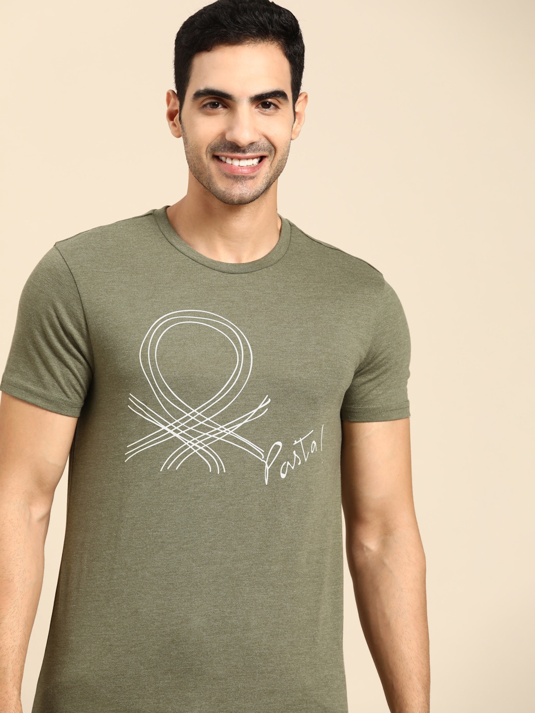 

United Colors of Benetton Men Olive Green & White Brand Logo Printed T-shirt