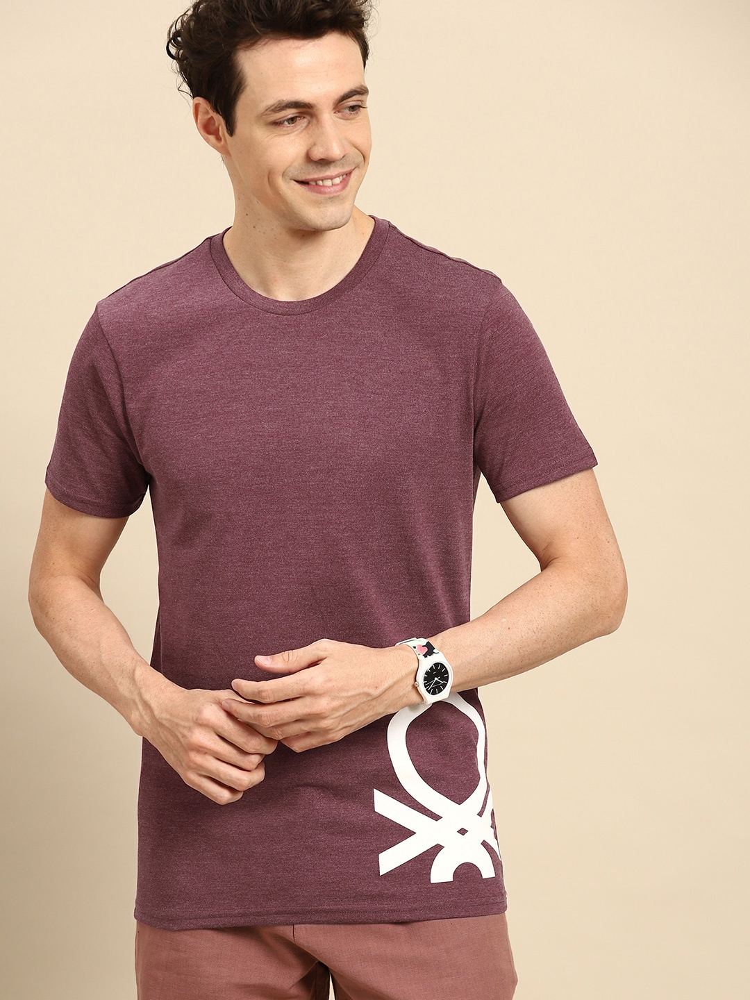 

United Colors of Benetton Men Burgundy Brand Logo Print T-shirt