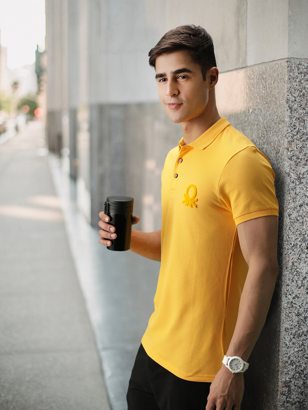 

United Colors of Benetton Men Yellow Polo Collar Pure Cotton T-shirt