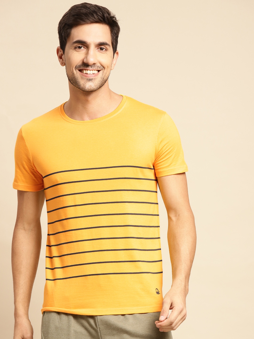 

United Colors of Benetton Men Mustard Yellow & Black Striped T-shirt