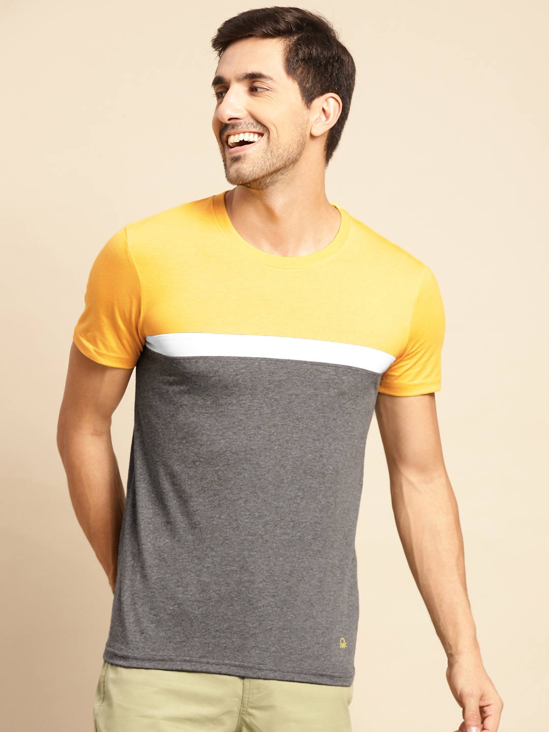 United Colors of Benetton Men Yellow & Grey Melange Colourblocked T-shirt