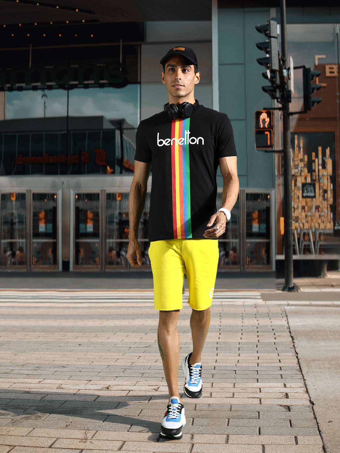 

United Colors of Benetton Men Black Brand Logo Striped Pure Cotton T-shirt