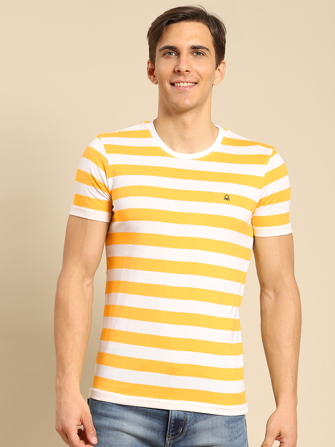 

United Colors of Benetton Men Yellow & White Striped T-shirt