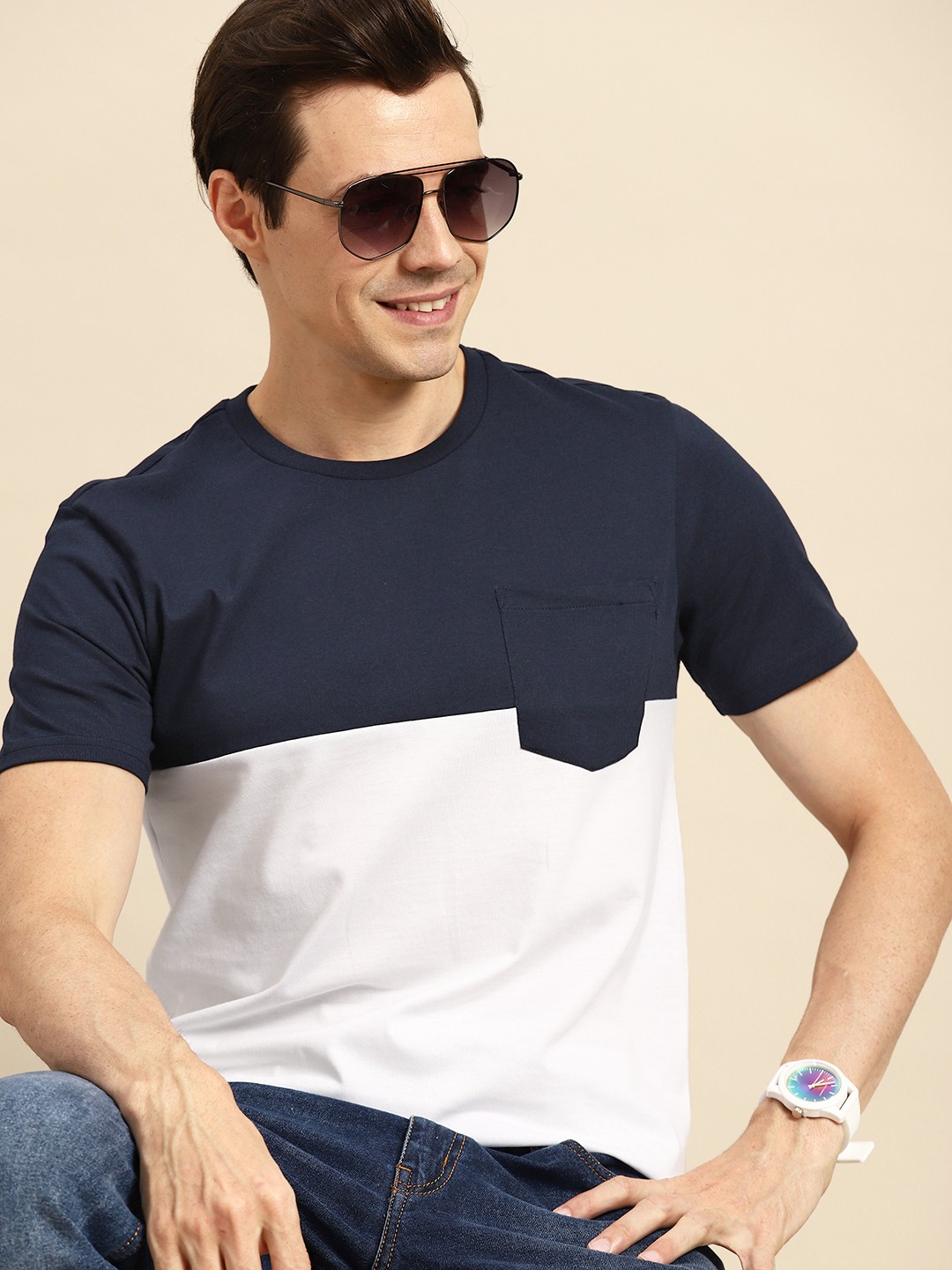 

United Colors of Benetton Men Navy Blue & White Colourblocked T-shirt
