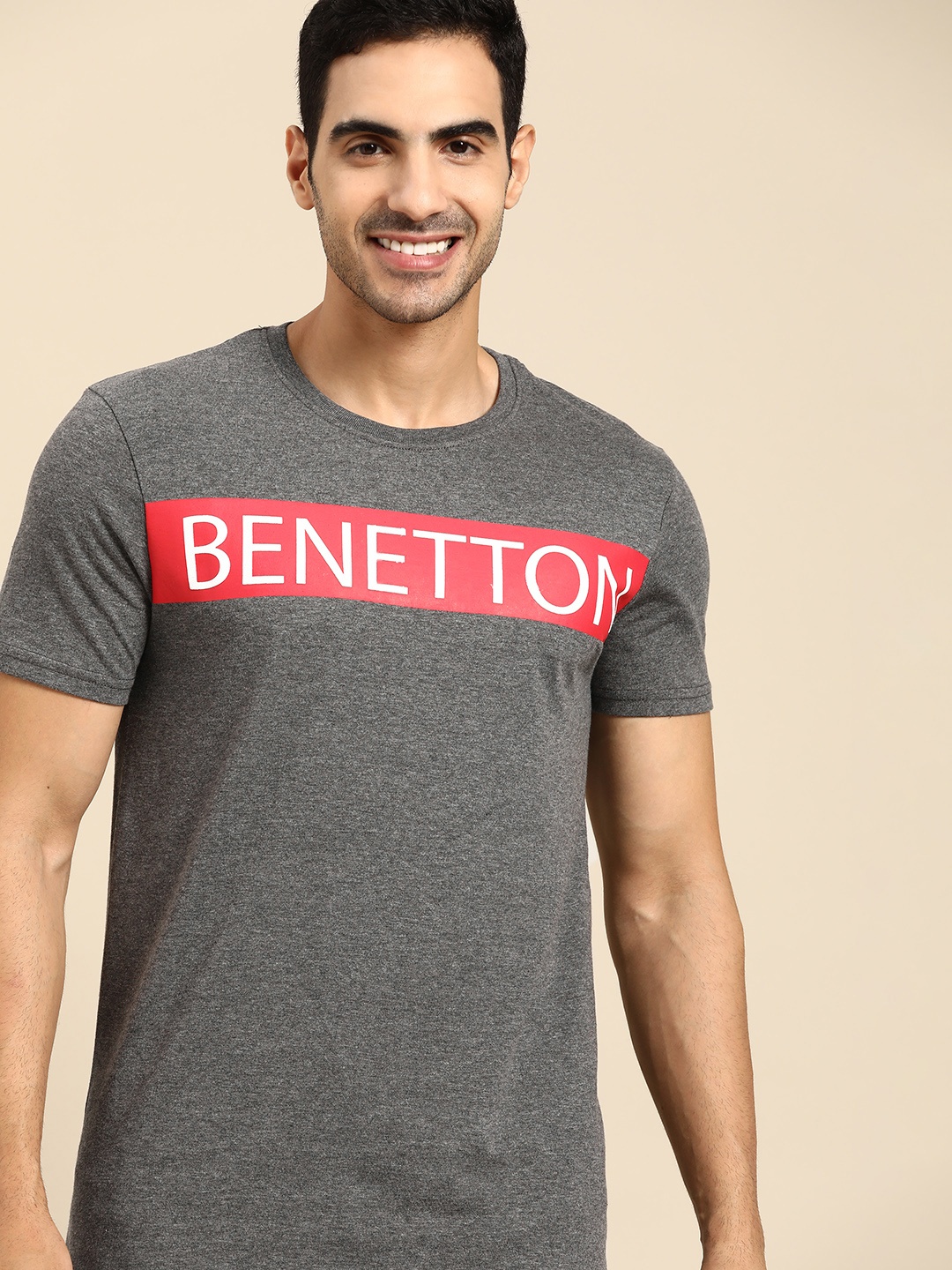 

United Colors of Benetton Men Grey Melange & Red Brand Logo Printed T-shirt