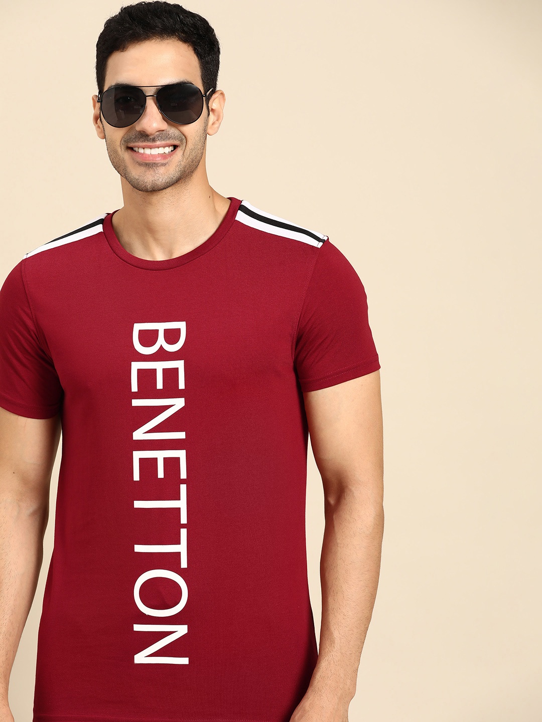 

United Colors of Benetton Men Maroon & White Brand Logo Printed T-shirt