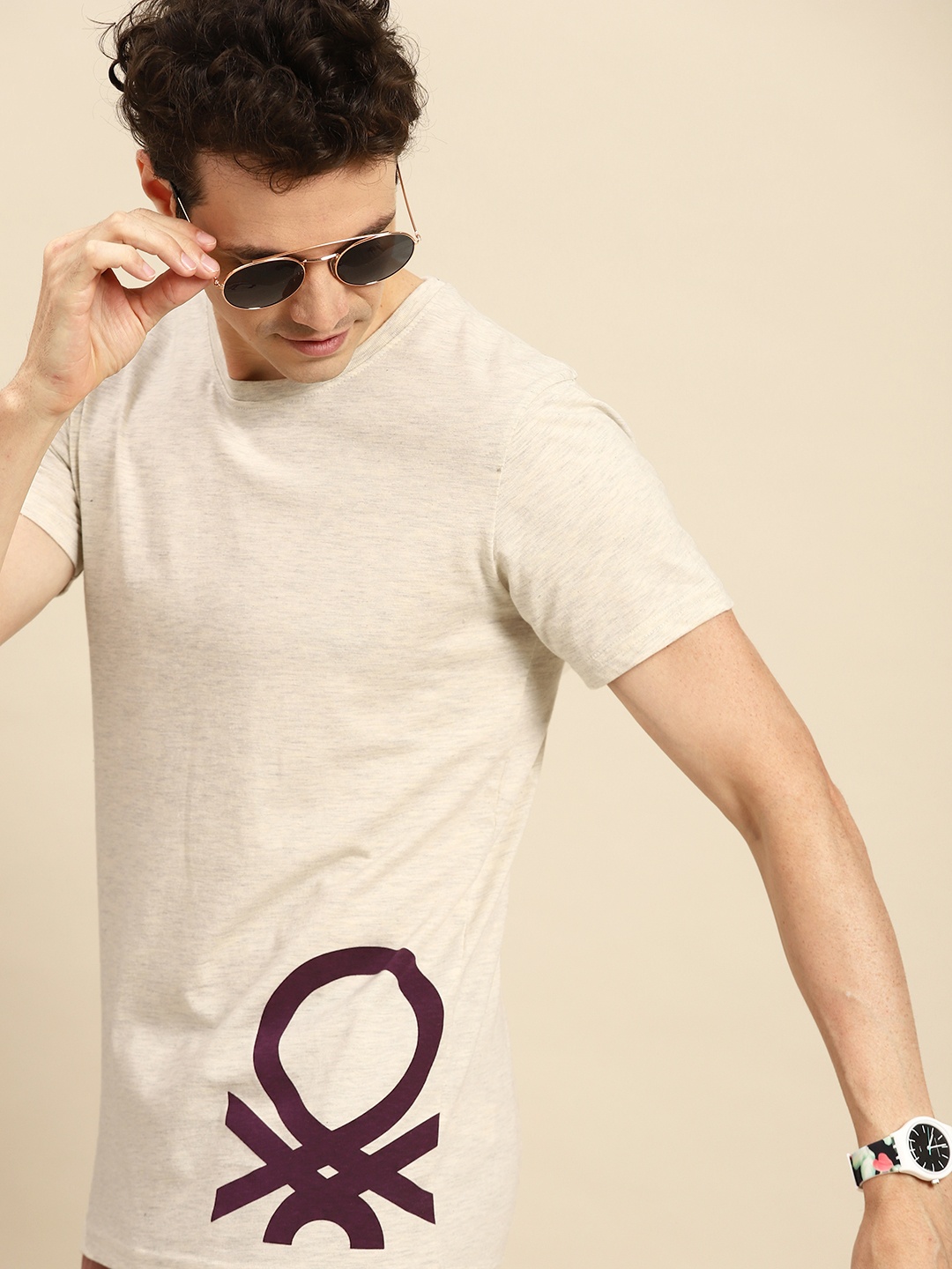 

United Colors of Benetton Men Beige Brand Logo Print T-shirt