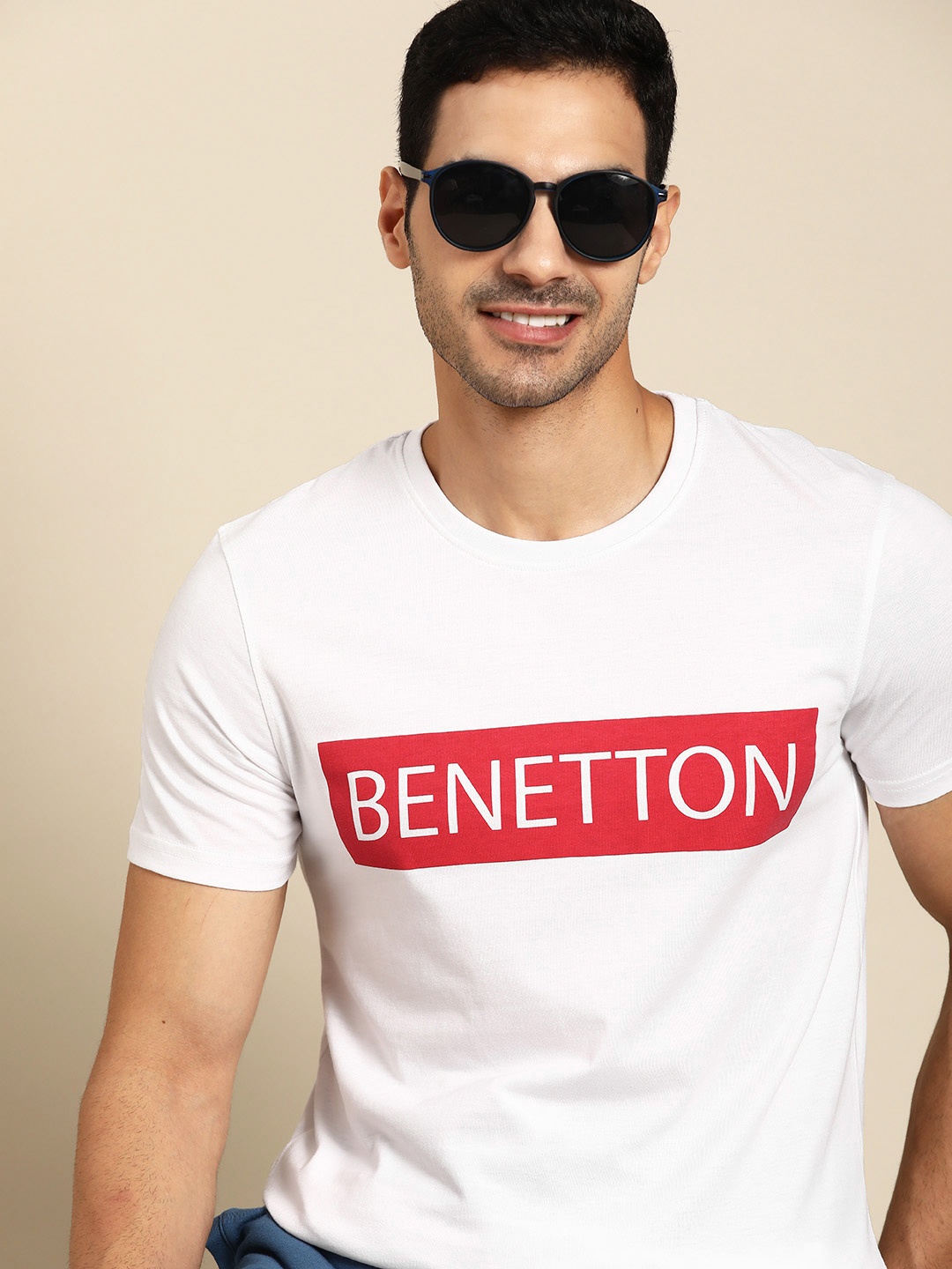 

United Colors of Benetton Men White & Red Brand Logo Printed T-shirt