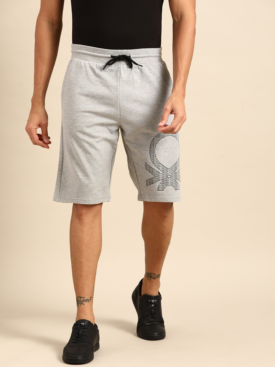 

United Colors of Benetton Men Grey Melange Brand Logo Printed Shorts
